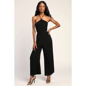 Lulus Sidewalk Swagger Black Tie-back Wide-leg Jumpsuit - Size L